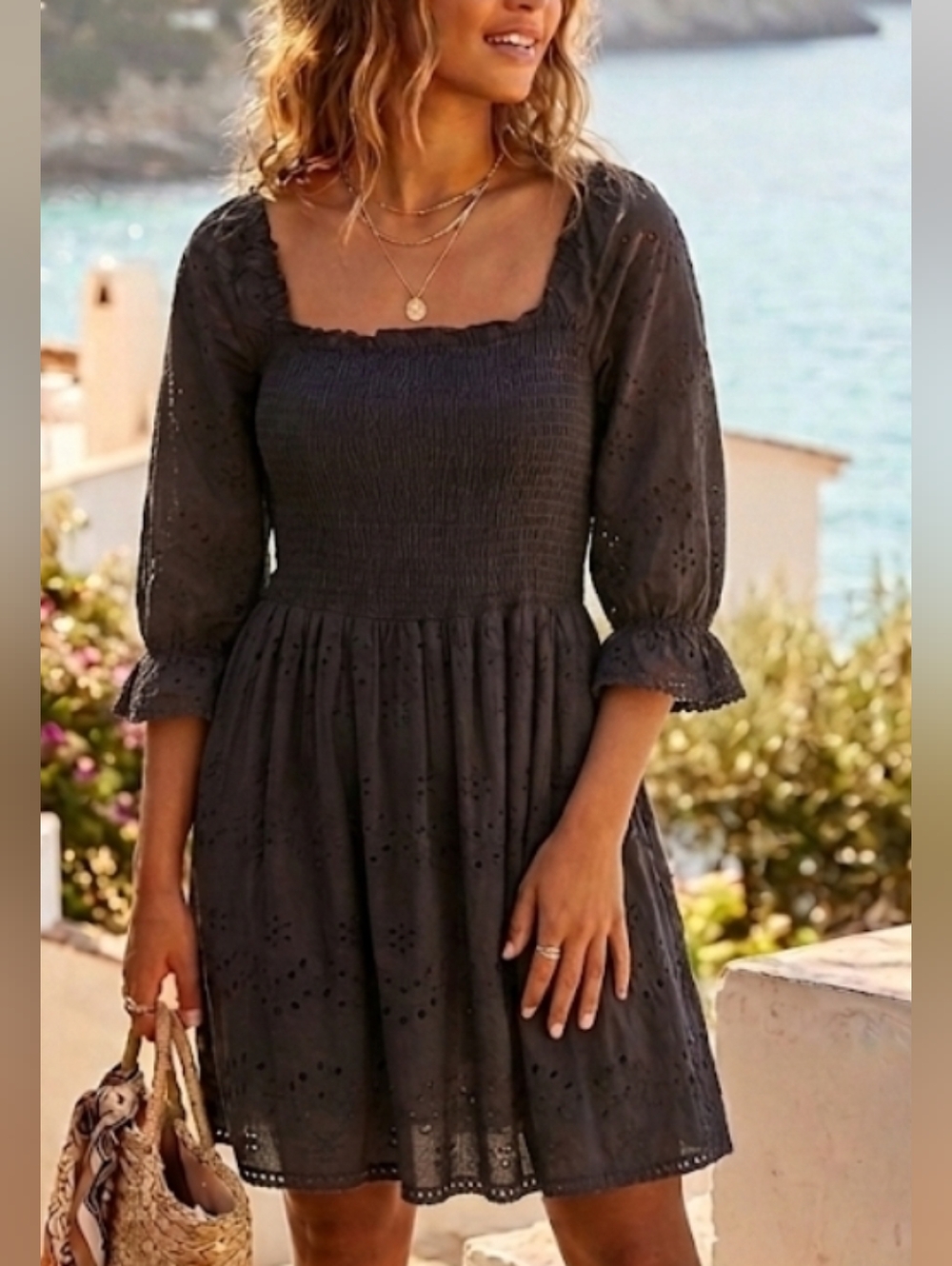 Source Unknown Dark Gray Eyelet Smocked Square-Neck Dress